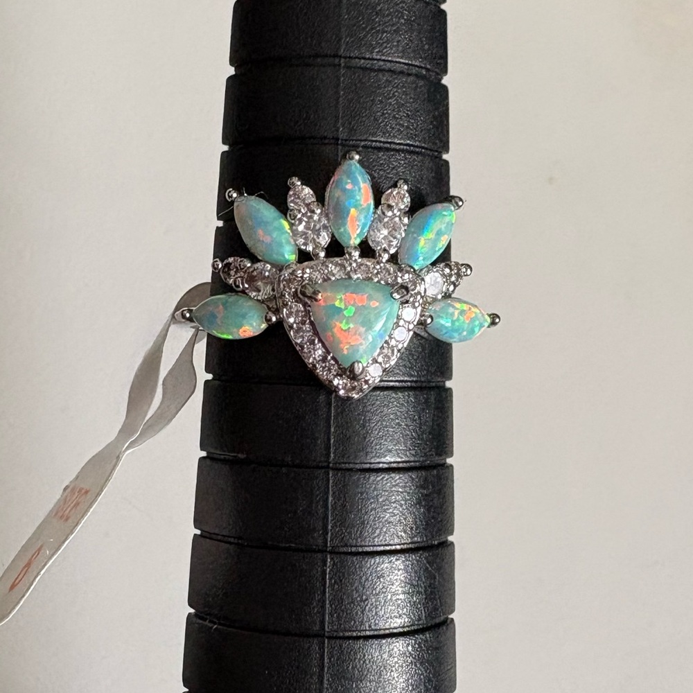 NWT BP “Now Let’s Begin” Lab Green Fire Opal and CZ Rhodium Plated Ring